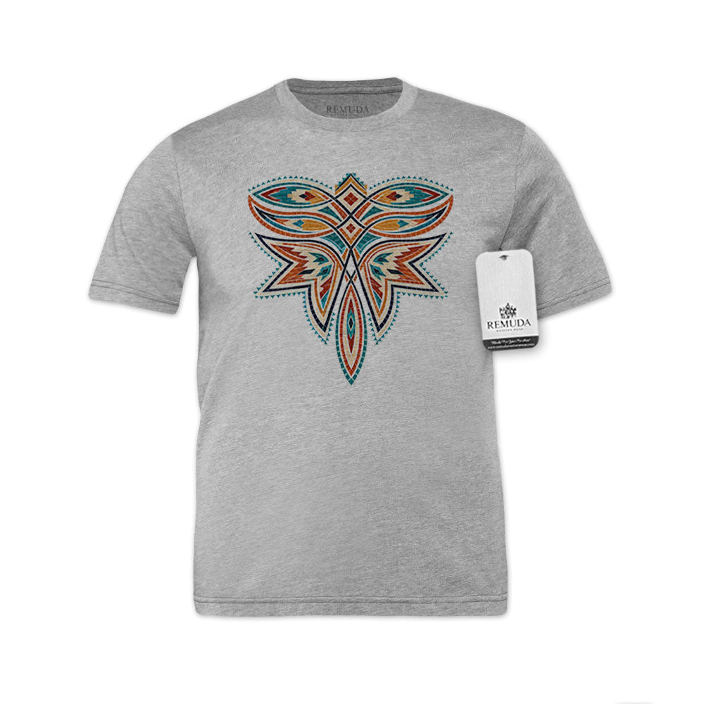 A heather gray short-sleeve t-shirt featuring a large, central, colorful southwest western mosaic boot stitch style graphic. The graphic contains intricate patterns in orange, teal, and black.