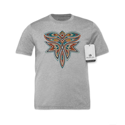A heather gray short-sleeve t-shirt featuring a large, central, colorful southwest western mosaic boot stitch style graphic. The graphic contains intricate patterns in orange, teal, and black.