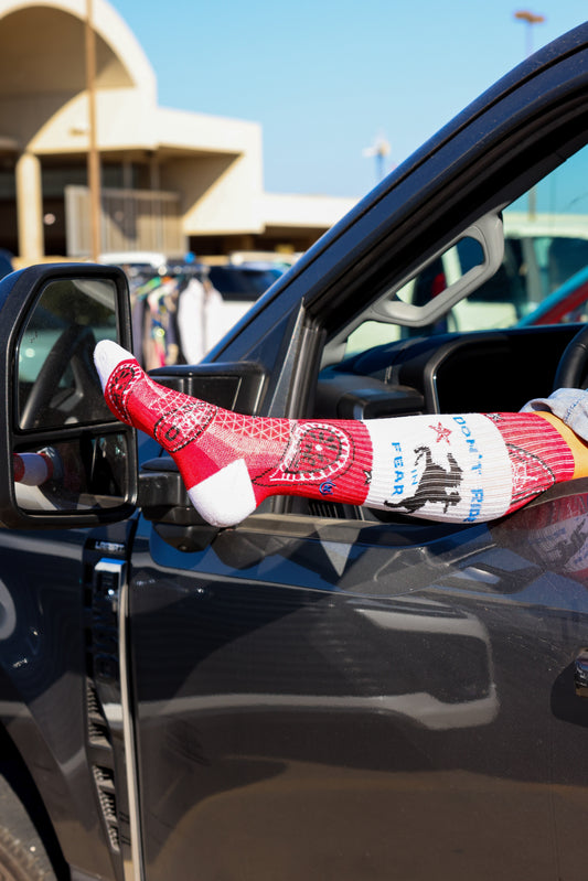 Don't Ride in Fear Red Paisley Bandana Western Cowgirl Performance Socks