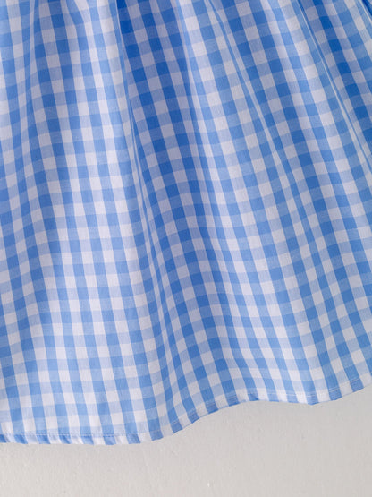 The hem of a a blue checkered dress with red embroidered farm accents on a light gray background