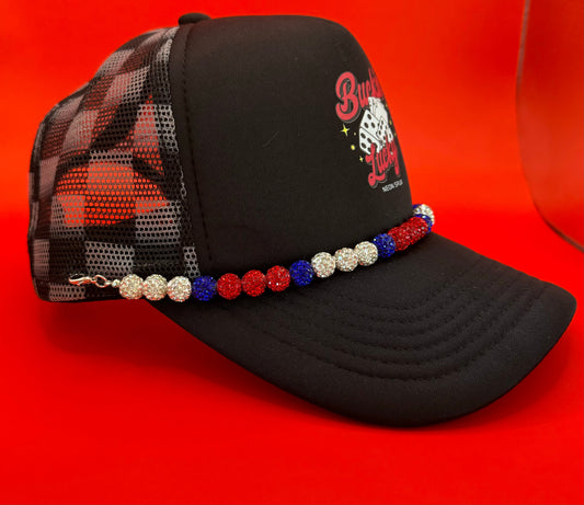 Buckin Lucky Graphic Trucker Hat w/ Patriotic Crystal Chain