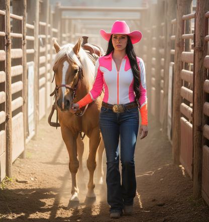 Woman in pink cowboy hat and white shirt walking a horse in a barn.