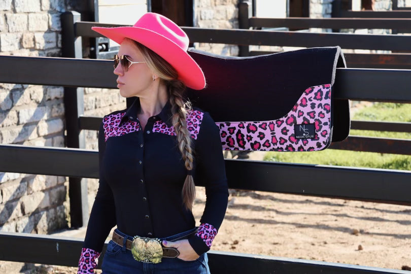 Catty Cowgirl Western Pearl Snap Pink Black Leopard Rodeo Shirt