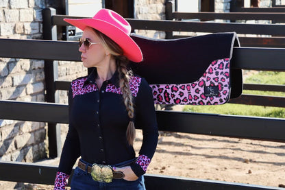 Catty Cowgirl Western Pearl Snap Pink Black Leopard Rodeo Shirt