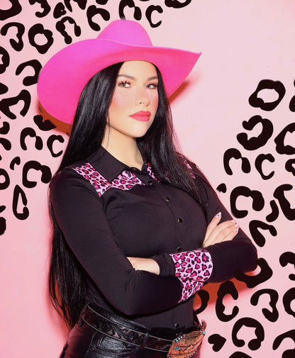 Catty Cowgirl Western Pearl Snap Pink Black Leopard Rodeo Shirt