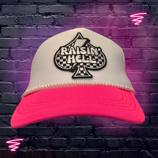 Raisin’ Hell Girls Neon Pink Trucker Hat w/ Pearl Chain