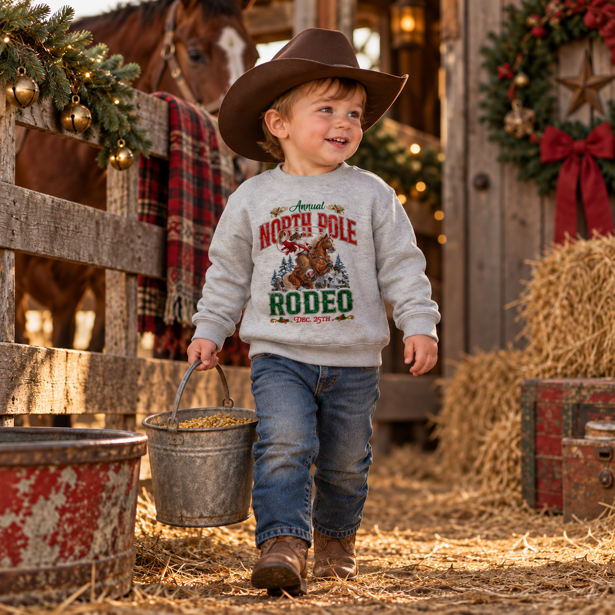 Toddler boy wearing a heather gray North Pole Rodeo Christmas fleece sweatshirt, blue jeans, boots, and a brown cowboy hat, walking through a rustic barn aisle while carrying a metal feed bucket. A horse stands behind a wooden fence in the background, with hay bales, vintage ranch decor, greenery, red bows, and warm Christmas accents creating a cozy holiday ranch scene.