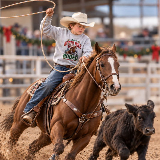 Youth boy riding a sorrel horse in a rodeo arena while swinging a lariat and focusing on a calf running ahead of him. He wears a gray North Pole Rodeo Christmas sweatshirt, jeans, and a white cowboy hat, with subtle holiday garland and red bows decorating the background.