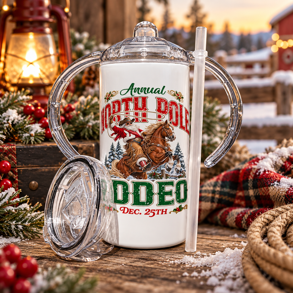 White handled sippy cup with clear lid and straw featuring a North Pole Christmas Rodeo design, styled in a rustic Western Christmas setting with a glowing lantern, evergreen garland, plaid blanket, rope, snow, and a wooden ranch background.