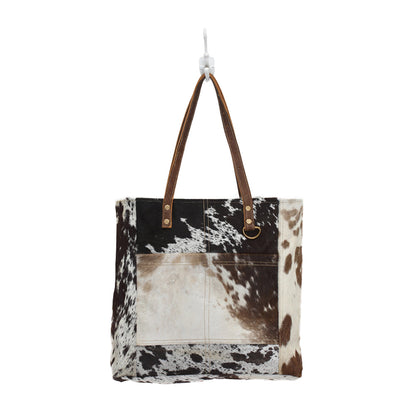Myra Mesa Trail Patchwork Hairon Tote Bag for Women â€“ Rustic Cowhide Design, Brown Leather Handles for Everyday Utility