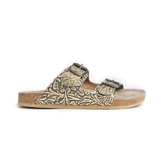 Myra Rio Amarillo Embossed Leather Sandals for Women in Beige Dual Buckle Design, Cork Sole Comfort, Western Slip-on