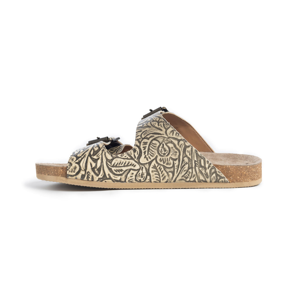 Myra Rio Amarillo Embossed Leather Sandals for Women in Beige Dual Buckle Design, Cork Sole Comfort, Western Slip-on
