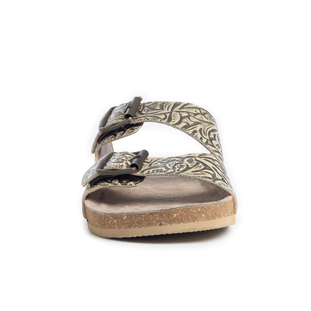 Myra Rio Amarillo Embossed Leather Sandals for Women in Beige Dual Buckle Design, Cork Sole Comfort, Western Slip-on