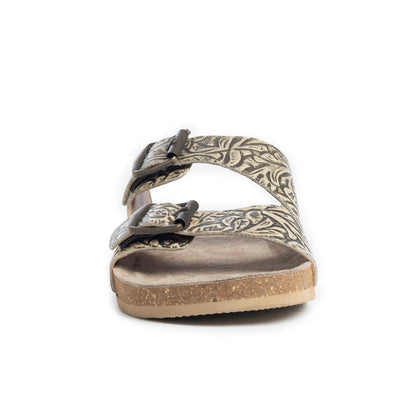 Myra Rio Amarillo Embossed Leather Sandals for Women in Beige Dual Buckle Design, Cork Sole Comfort, Western Slip-on