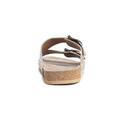 Myra Rio Amarillo Embossed Leather Sandals for Women in Beige Dual Buckle Design, Cork Sole Comfort, Western Slip-on