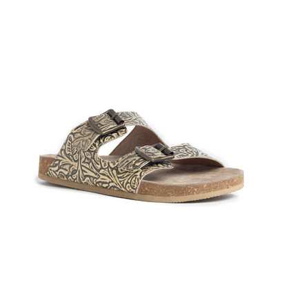 Myra Rio Amarillo Embossed Leather Sandals for Women in Beige Dual Buckle Design, Cork Sole Comfort, Western Slip-on