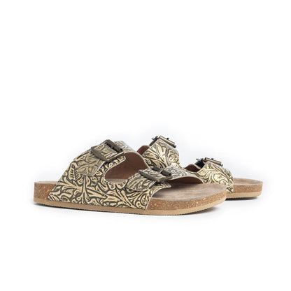Myra Rio Amarillo Embossed Leather Sandals for Women in Beige Dual Buckle Design, Cork Sole Comfort, Western Slip-on