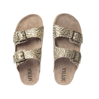 Myra Rio Amarillo Embossed Leather Sandals for Women in Beige Dual Buckle Design, Cork Sole Comfort, Western Slip-on