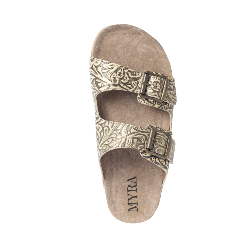 Myra Rio Amarillo Embossed Leather Sandals for Women in Beige Dual Buckle Design, Cork Sole Comfort, Western Slip-on