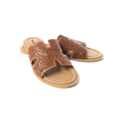 Myra Carmina Anne Tan Embossed Leather Slip-On Sandals for Women Western H-Cut Slides with Studded Trim