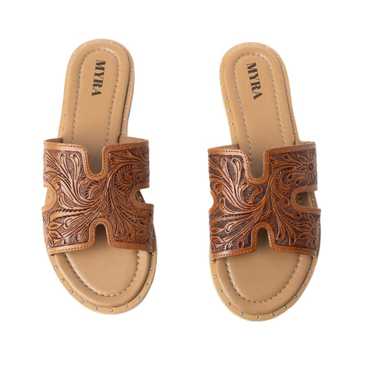 Myra Carmina Anne Tan Embossed Leather Slip-On Sandals for Women Western H-Cut Slides with Studded Trim
