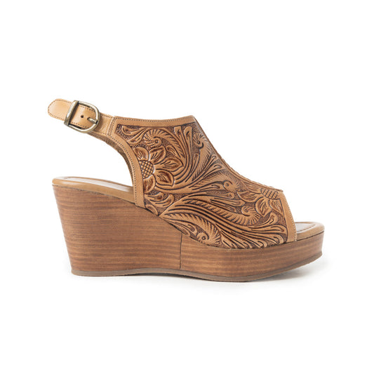 Myra Mila's Trail Embossed Leather Wedge Heels for Women Tan Floral