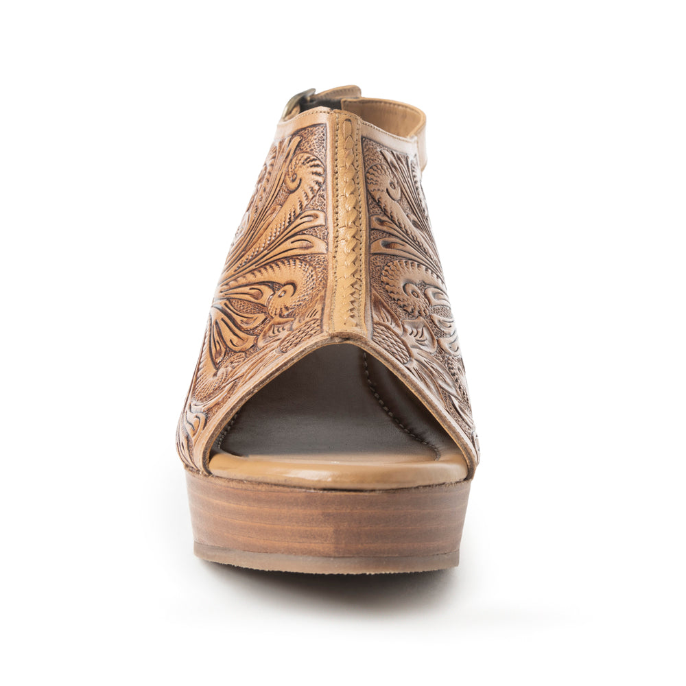 Myra Mila's Trail Embossed Leather Wedge Heels for Women Tan Floral