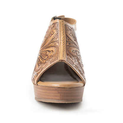 Myra Mila's Trail Embossed Leather Wedge Heels for Women Tan Floral