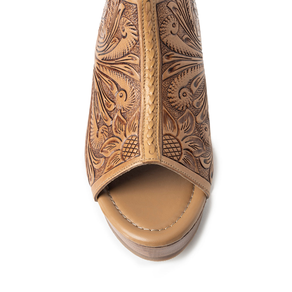 Myra Mila's Trail Embossed Leather Wedge Heels for Women Tan Floral