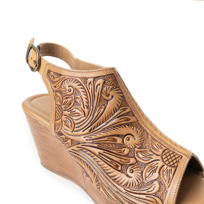 Myra Mila's Trail Embossed Leather Wedge Heels for Women Tan Floral