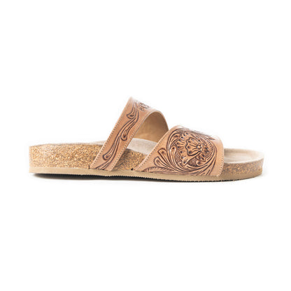 Myra Westward Wind Handtooled Leather Slide Sandals for Women Cross-Strap Design with Soft Cork Sole for Cushioned Western Comfort