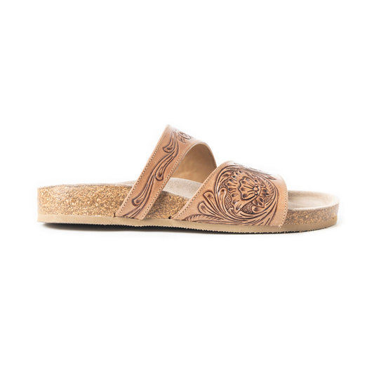 Myra Westward Wind Handtooled Leather Slide Sandals for Women Cross-Strap Design with Soft Cork Sole for Cushioned Western Comfort