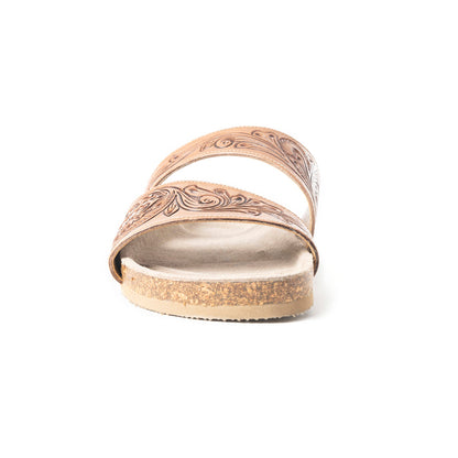 Myra Westward Wind Handtooled Leather Slide Sandals for Women Cross-Strap Design with Soft Cork Sole for Cushioned Western Comfort