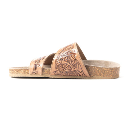 Myra Westward Wind Handtooled Leather Slide Sandals for Women Cross-Strap Design with Soft Cork Sole for Cushioned Western Comfort