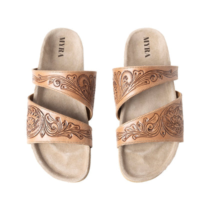 Myra Westward Wind Handtooled Leather Slide Sandals for Women Cross-Strap Design with Soft Cork Sole for Cushioned Western Comfort