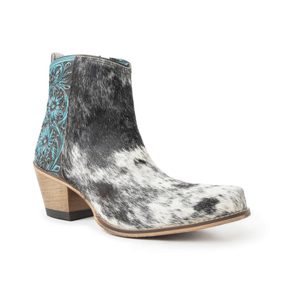 Myra Reyna Ridge Hairon Leather Booties – Teal Handtooled Detail, Square Toe, Country Cowgirl Style