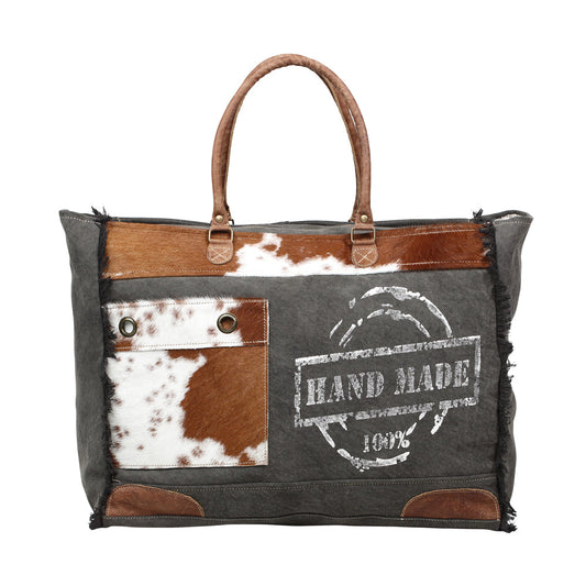Myra Dakota Trail Hairon Leather Weekender Bag â€“ Handmade Canvas Print with Rustic Fringe Sides & Leather Handles