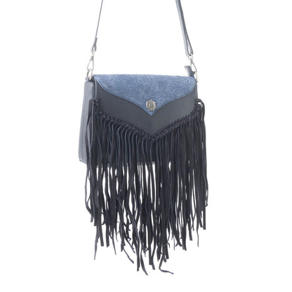 Wild West Fringe Leather Crossbody Bag in Ash Denim
