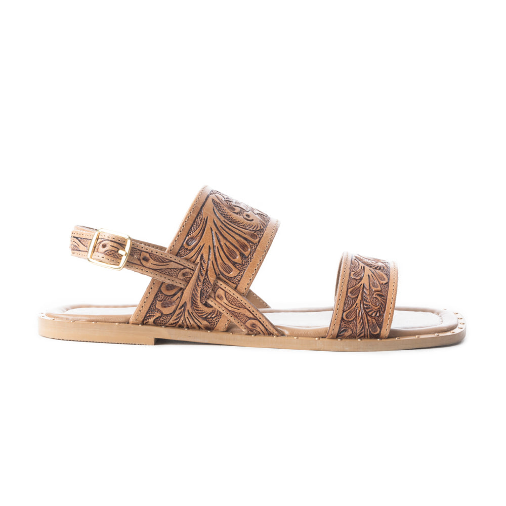 Myra Wildflower Wanderer Handtooled Leather Sandals for Women Ankle Buckle Strap, Western Floral Carving, Everyday Comfort