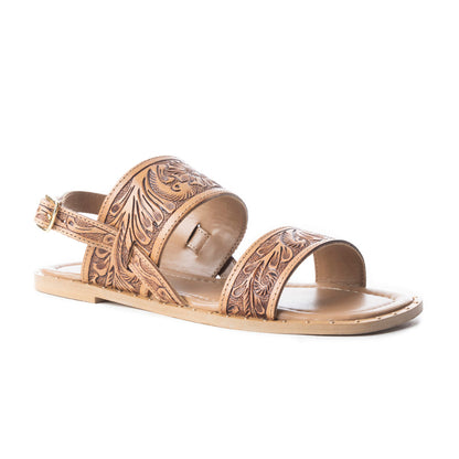 Myra Wildflower Wanderer Handtooled Leather Sandals for Women Ankle Buckle Strap, Western Floral Carving, Everyday Comfort
