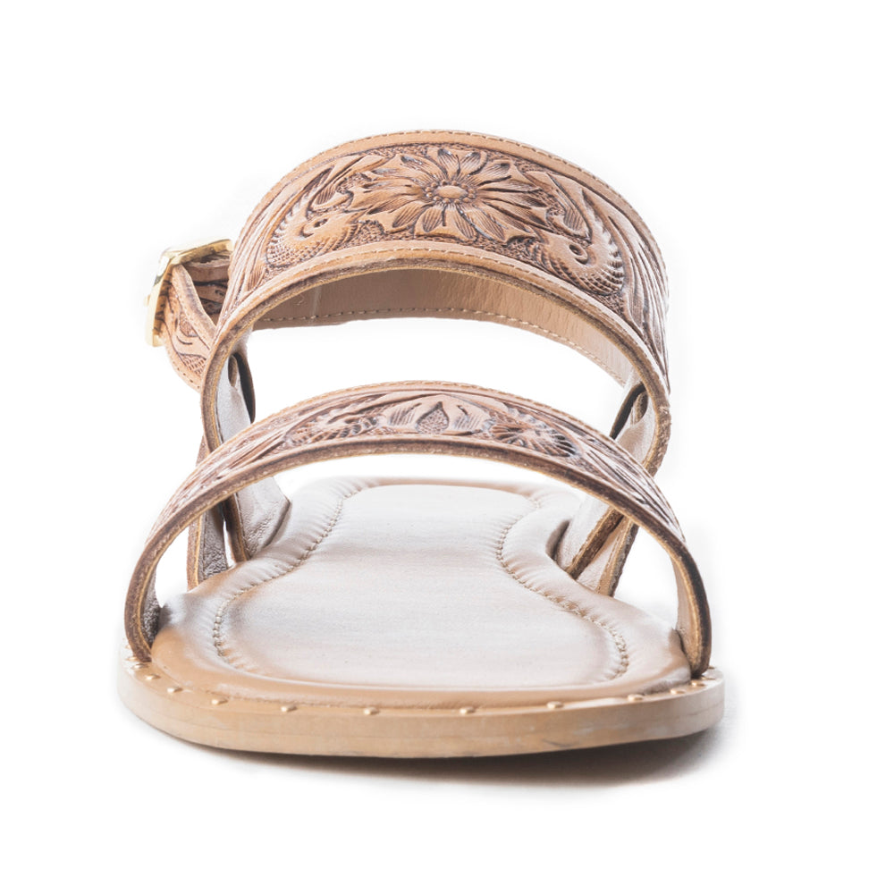 Myra Wildflower Wanderer Handtooled Leather Sandals for Women Ankle Buckle Strap, Western Floral Carving, Everyday Comfort
