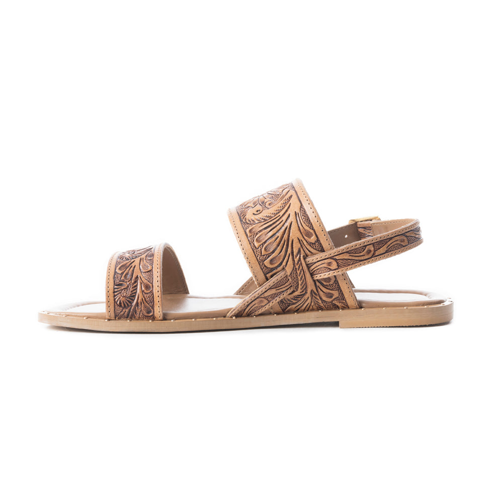 Myra Wildflower Wanderer Handtooled Leather Sandals for Women Ankle Buckle Strap, Western Floral Carving, Everyday Comfort
