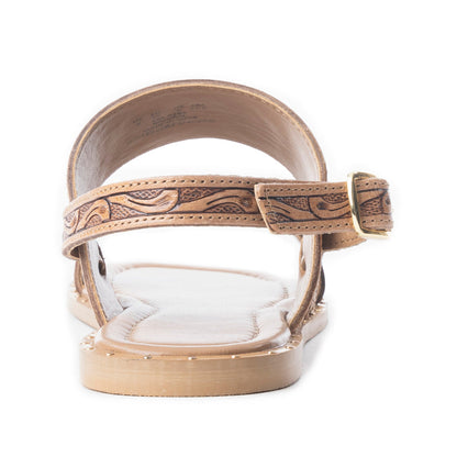 Myra Wildflower Wanderer Handtooled Leather Sandals for Women Ankle Buckle Strap, Western Floral Carving, Everyday Comfort