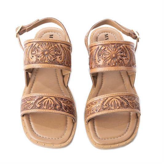 Myra Wildflower Wanderer Handtooled Leather Sandals for Women Ankle Buckle Strap, Western Floral Carving, Everyday Comfort