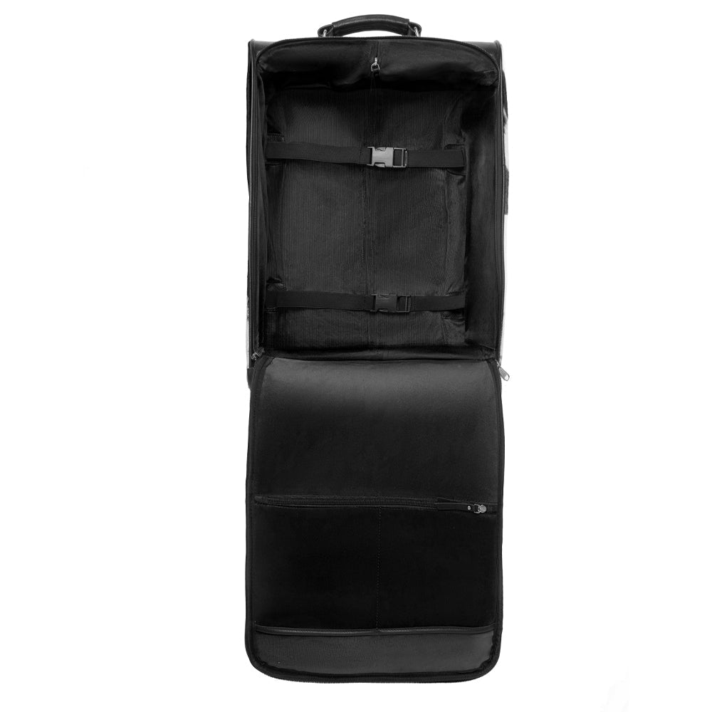 Black travel bag with hairon cowhide and tooled leather with open compartment on a white background