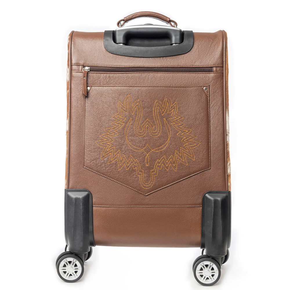 Brown carry on suitcase with a thunderbird stitched logo on the back on genuine leather on a white background