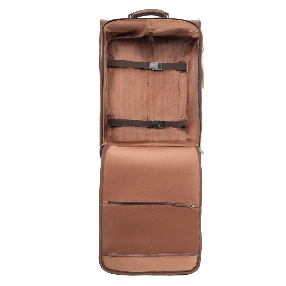 Brown carry on luggage bag with hairon cowhide and tooled leather with open top on a white background