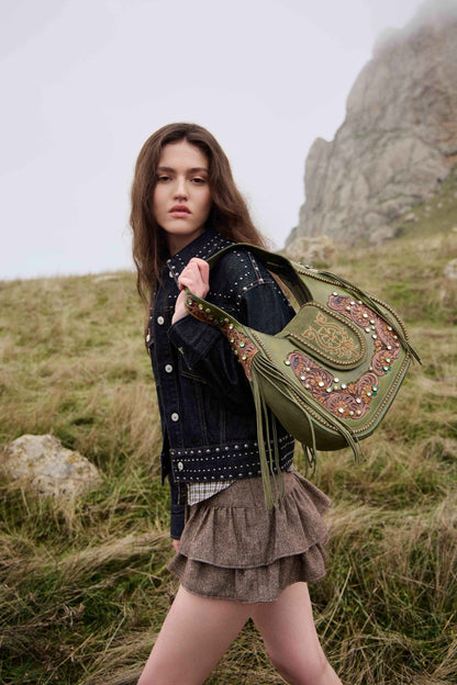 Myra Sierra Grove Handtooled Leather Bag in Western Fern