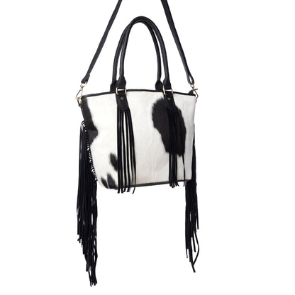 Myra High Plains Hairon Leather Concealed Fringe Carry Bag in Ebony Bone
