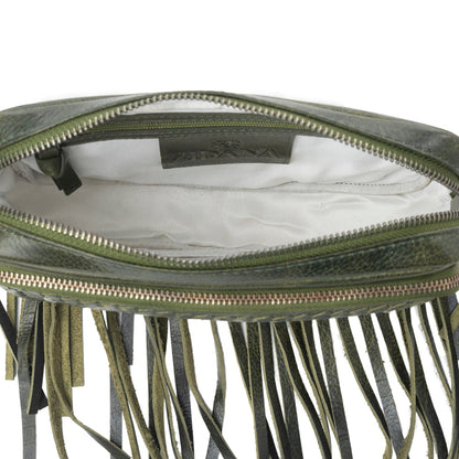 Myra Zidana Stormy Trails Fringed Veg Tanned Leather Bag in Dusty Pine